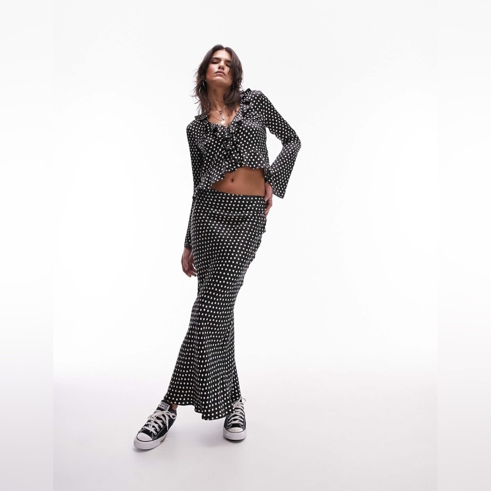 Topshop satin jacquard bias maxi skirt and top in mono polka dot - SET